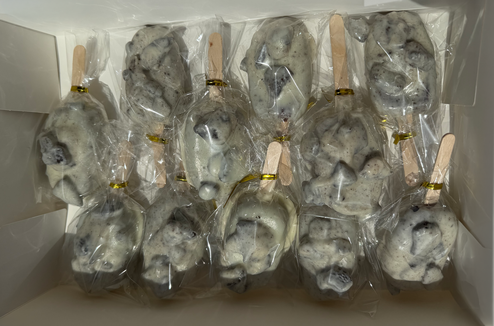 Individually wrapped cookies-and-cream cakesicles